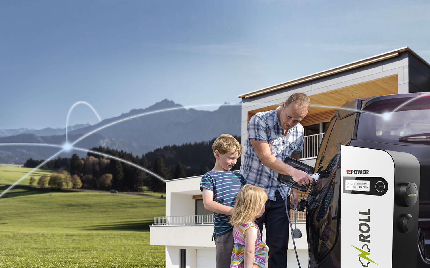 Ladestation für Elektroautos vor einem Einfamilienhaus