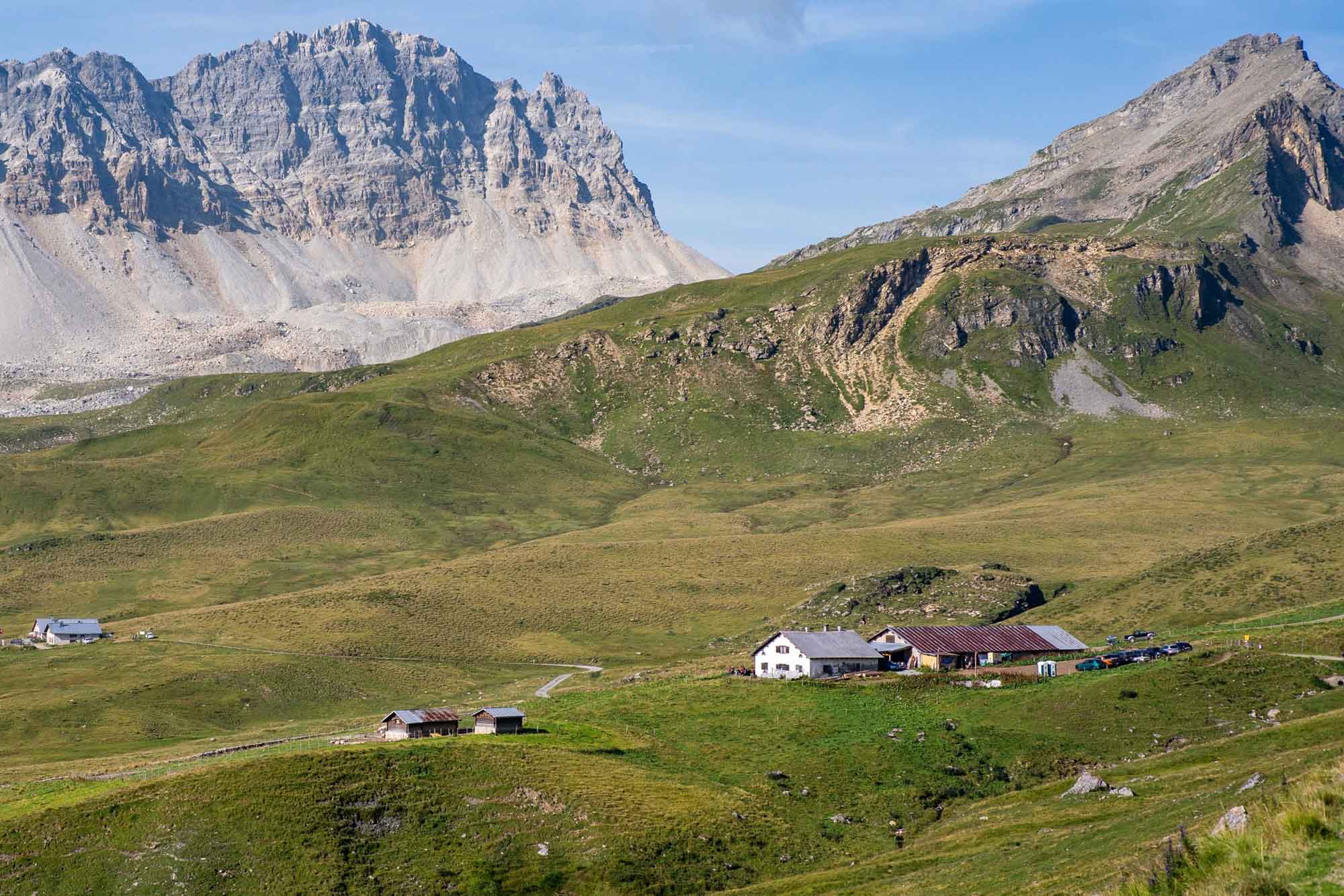 Alp Curtginatsch mit Alpgebäuden und Bergpanorama im Sommer